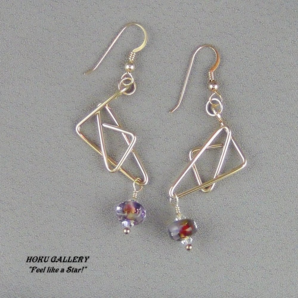 Earrings Purple Lampwork Glass Austrian Crystals 14K GF Wire NWOT Handmade 2.5"